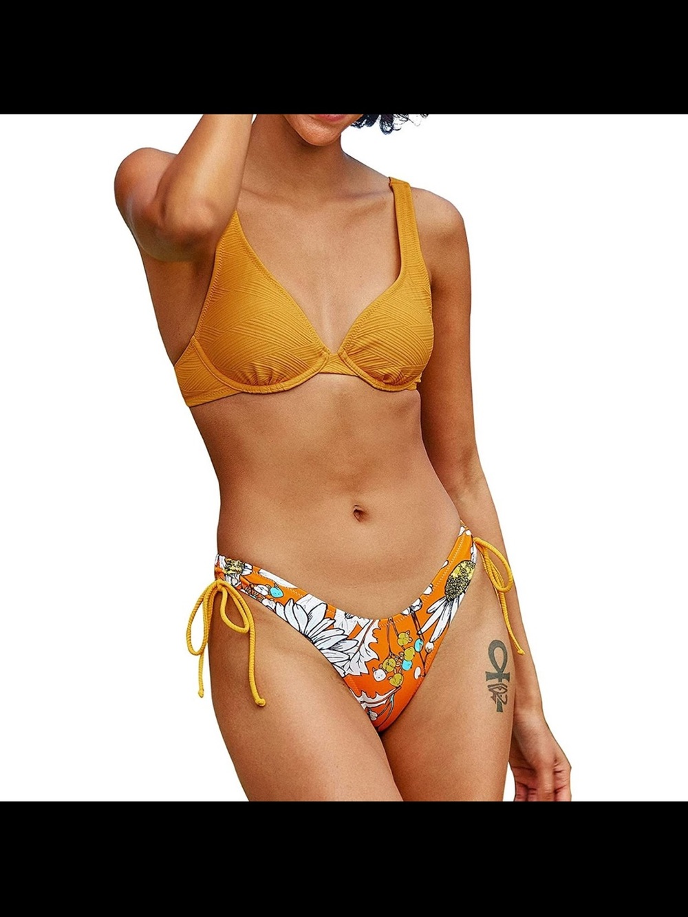 Cupshe Mustard Floral Tie-Side Bikini Set